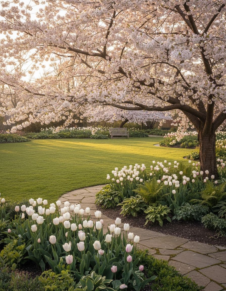The same garden design rendered in spring, showing fresh growth and blossom