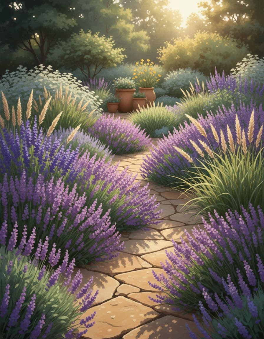 A designed garden shown at the height of summer with full planting