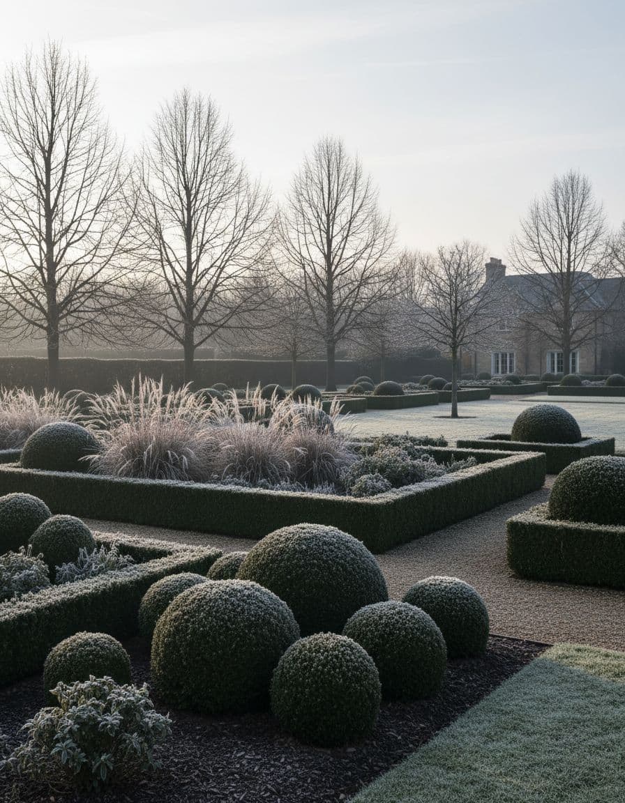 A planned garden in winter, showing evergreen structure and seed heads