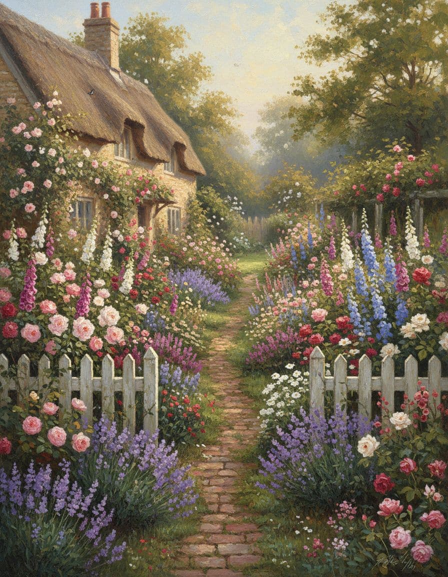A cottage-style planting plan with dense mixed borders and an informal path