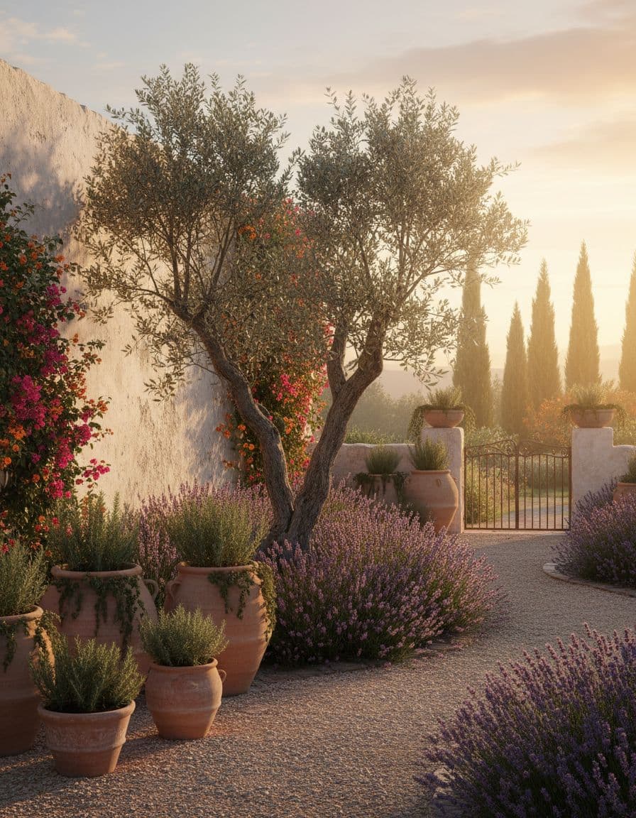A Mediterranean-style landscaped garden with gravel, olive trees and stone terracing